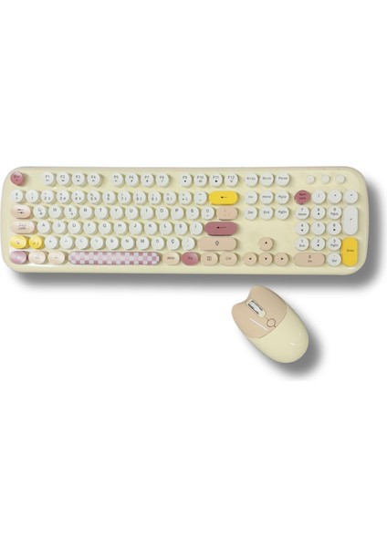Kablosuz Klavye ve Mouse Set Renkli Sevimli 100 Tuşlu Pc Notebook Laptop Uyumlu Klavye ve Fare Ev Ofis Kullanımına Uygun Ingilizce Q Klavye