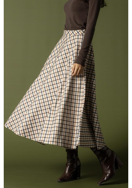 Ekose Desenli Kloş Etek Bej 7066