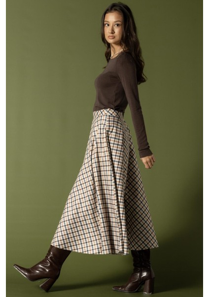 Ekose Desenli Kloş Etek Bej 7066 fiyatları