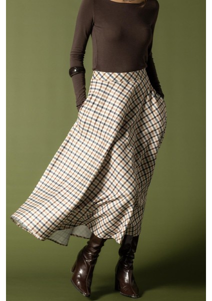 Ekose Desenli Kloş Etek Bej 7066 modelleri