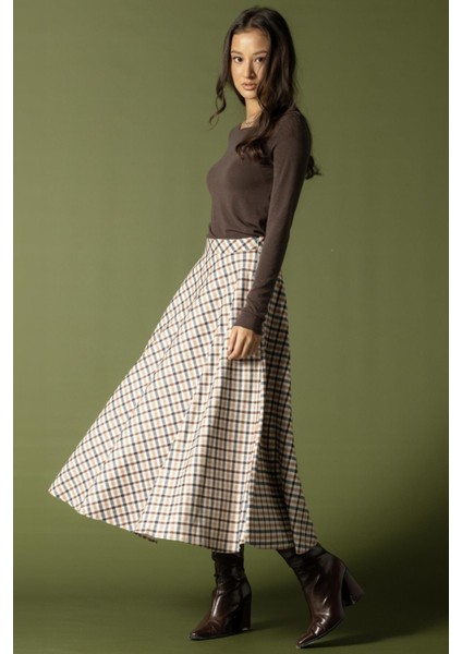 Ekose Desenli Kloş Etek Bej 7066 fırsatları