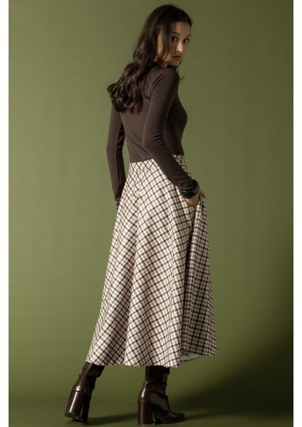 Ekose Desenli Kloş Etek Bej 7066 indirimleri