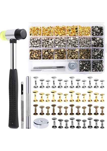 Deri Perçinler, 600 Adet Çok Renkli Çift Kapaklı Perçinler, Delikli Delgeç, Delme Aleti ve Kauçuk Çekiçli Deri Perçin Seti (Yurt Dışından)