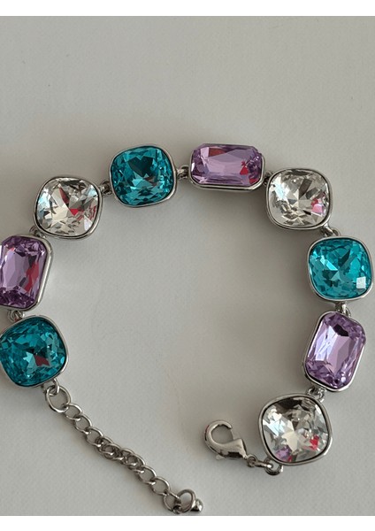 Mavi ve Mor Tonlarında Parlak Taşlı Şekilli Silver Ithal Bileklik