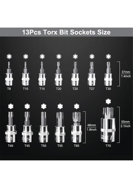 13 Adet Yıldız Torx Bit Soket Seti T8-T70 H2-H14, Crv Soketleri 1/4 Inç, 3/8 Inç ve 1/2 Inç Tahrikli El Kullanımı Için (Yurt Dışından) modelleri