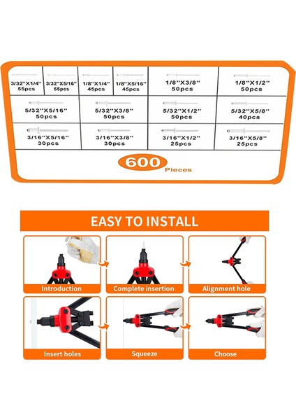 600 Adet Pop Perçin Çeşitleri Seti, 14 Boyutta Alüminyum Perçinler 3/32 Inç, 1/8 Inç, 5/32 Inç, 3/16 Inç, Çeşitli Perçinler (Yurt Dışından) modelleri