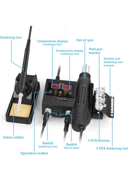 8898 Sıcak Hava Lehim Sökme Istasyonu 750W Çift Dijital Ekranlı 2'si 1 Arada Sıcaklık Kontrollü Lehimleme Istasyonu Ab Fişi (Yurt Dışından) fırsatları