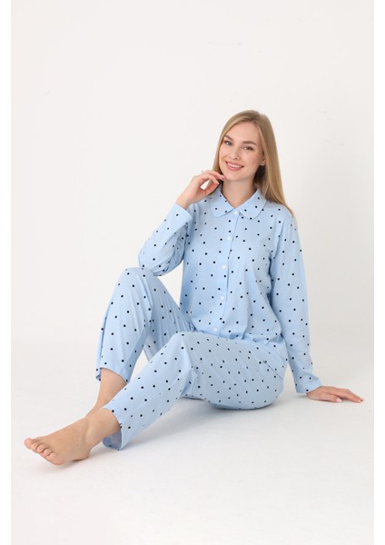 Mavi Polka Dot Önden Düğmeli Pijama Takım