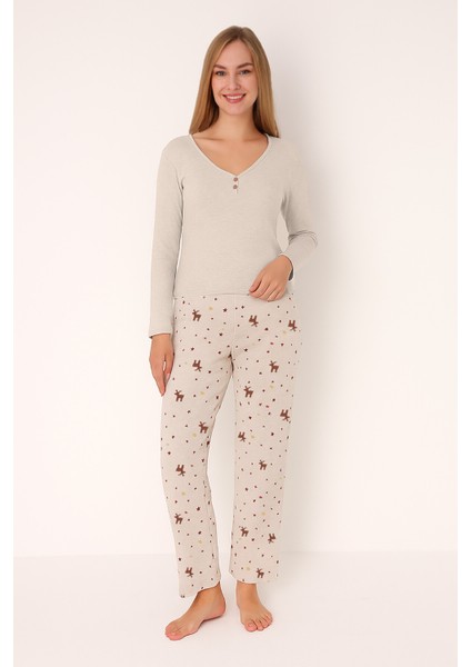 Bej Deer Patlı Pijama Takım