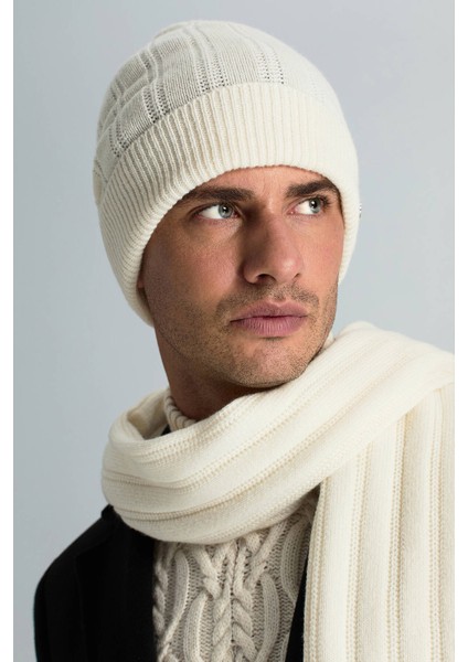 Saf Kaşmir Örgü Desenli Beyaz Bere