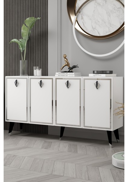 8211-32DD KB150 Konsol, Tv Ünitesi Beyaz-Siyah-Gümüş