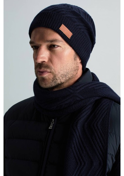 Merino Yün Kaşmir Karışım Desenli Lacivert Bere