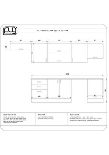 Elvan Mutfak Dolabı Melamin Malzeme ile 350 cm Genişlikte Modern Tasarım