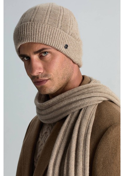 Saf Kaşmir Örgü Desenli Camel Bere