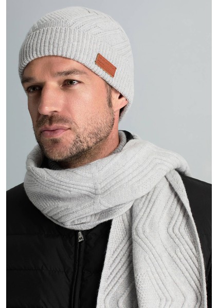 Merino Yün Kaşmir Karışım Desenli Açık Gri Bere