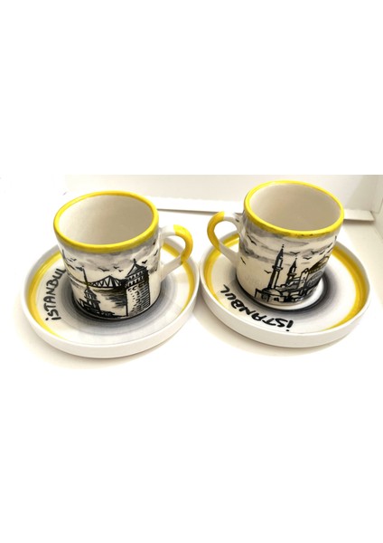 Istanbul Temalı El Yapımı 2'li Kahve Fincan Seti (Renk Seramik 105 ml Fincan Takımı)