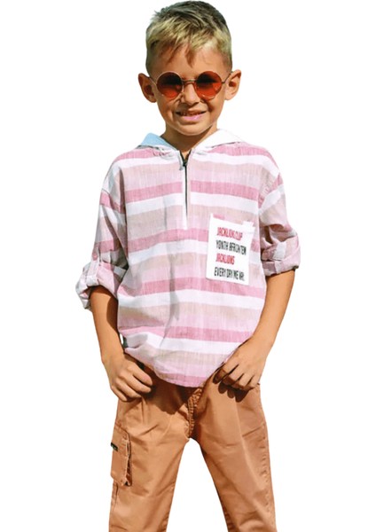 Erkek Çocuk Kapüşonlu Kahverengi Çizgili Gömlek – %100 Pamuk, Esnek ve İnce Kumaş fiyatları