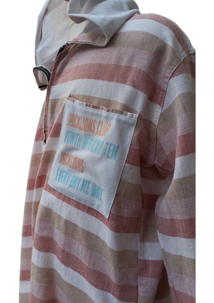 Erkek Çocuk Kapüşonlu Kahverengi Çizgili Gömlek – %100 Pamuk, Esnek ve İnce Kumaş