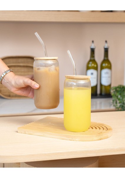 Bambu Kapaklı Pipetli Cam Bardak