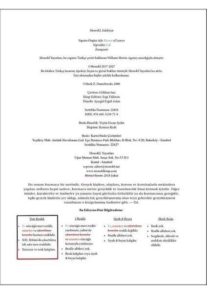 Yapraklar Evi - Monokl Yayınları - Mark Z. Danielewski modelleri