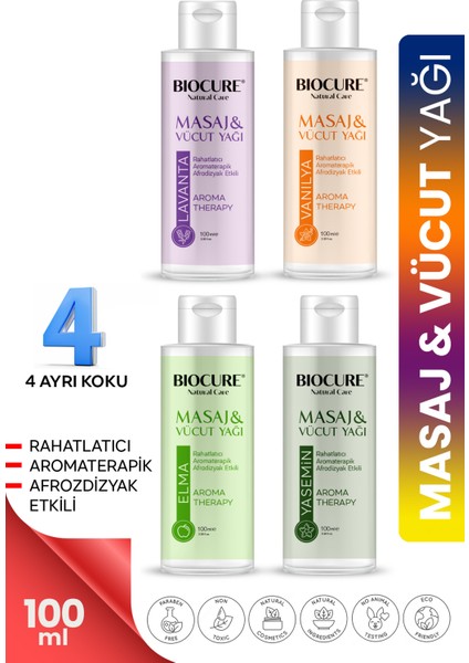 Rahatlatıcı-Aromaterapik Afrodizyak Etkili Masaj Yağı ve Vücut Bakım Yağı 4 Çeşit Bir Arada Mix