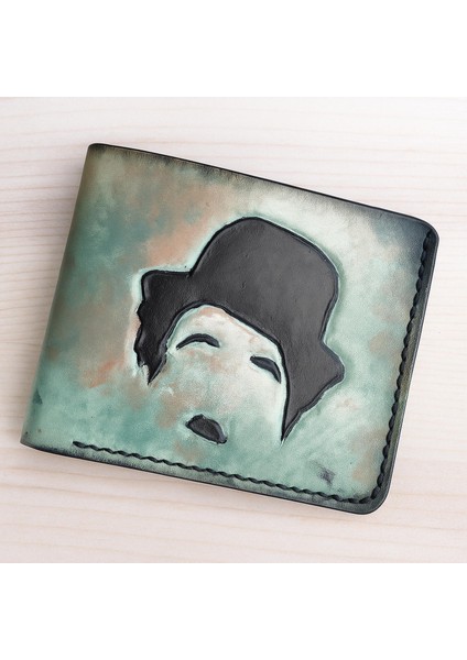 El Yapımı Hakiki Deri Charlie Chaplin Desenli Erkek Cüzdan - Yakma Sanatı Vegetable-Tanned Ince Katlanabilir Model