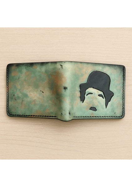 El Yapımı Hakiki Deri Charlie Chaplin Desenli Erkek Cüzdan - Yakma Sanatı Vegetable-Tanned Ince Katlanabilir Model indirimleri