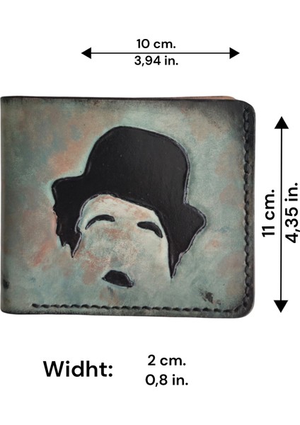 El Yapımı Hakiki Deri Charlie Chaplin Desenli Erkek Cüzdan - Yakma Sanatı Vegetable-Tanned Ince Katlanabilir Model