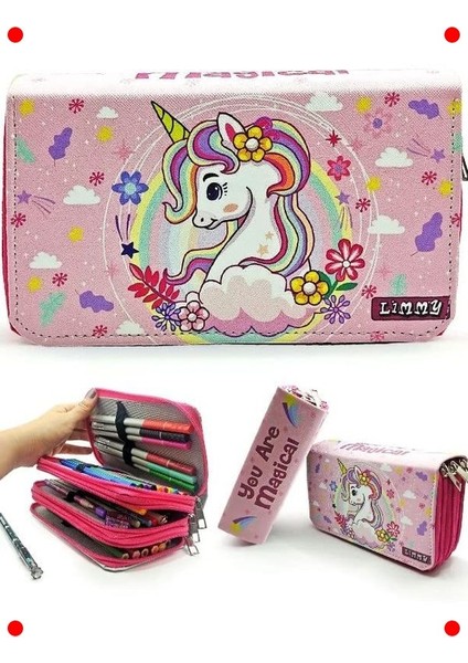 Unicorn Temalı Vegan Deri Üç Bölmeli Kalemlik - Pembe