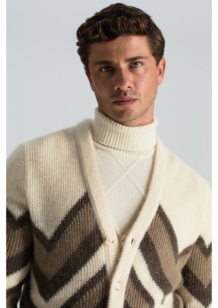 Alpaka Yün Kaşmir Karışım Zigzag Desen Bej Camel Düğmeli Hırka modelleri