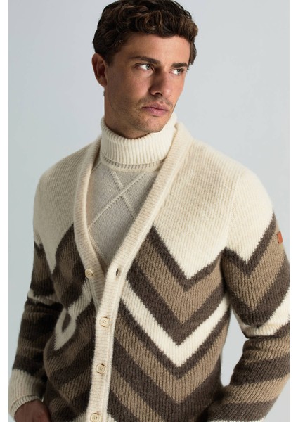 Alpaka Yün Kaşmir Karışım Zigzag Desen Bej Camel Düğmeli Hırka fırsatları