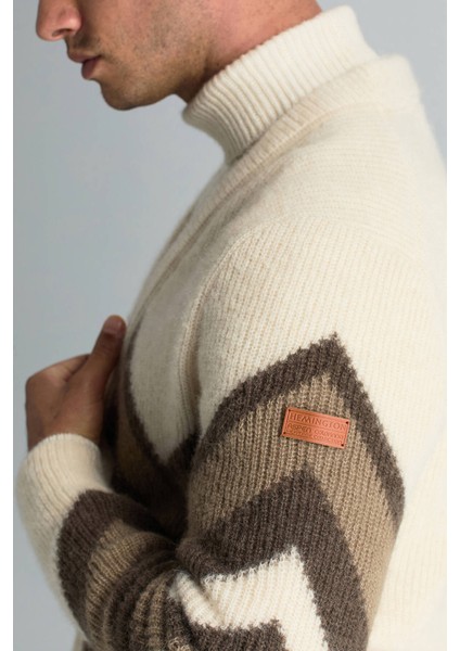 Alpaka Yün Kaşmir Karışım Zigzag Desen Bej Camel Düğmeli Hırka indirimleri