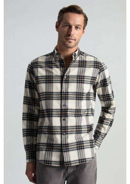 Pamuk Kaşmir Karışım Ekose Desen Beyaz-Lacivert Gömlek