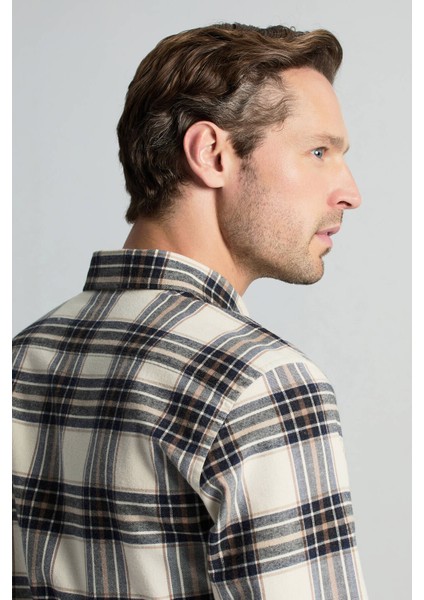 Pamuk Kaşmir Karışım Ekose Desen Beyaz-Lacivert Gömlek fırsatları