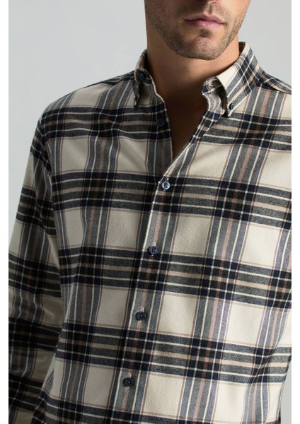 Pamuk Kaşmir Karışım Ekose Desen Beyaz-Lacivert Gömlek indirimleri