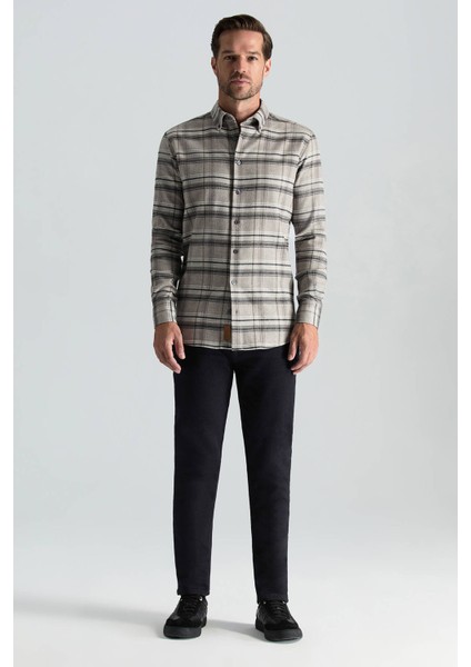 Pamuk Yün Karışım Ekose Desen Gri Gömlek