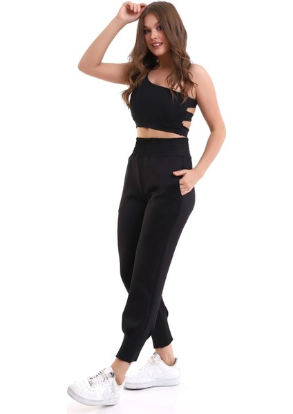 Siyah Jogger Eşofman Altı Scuba Dalgıç Yüksek Bel Likralı fırsatları