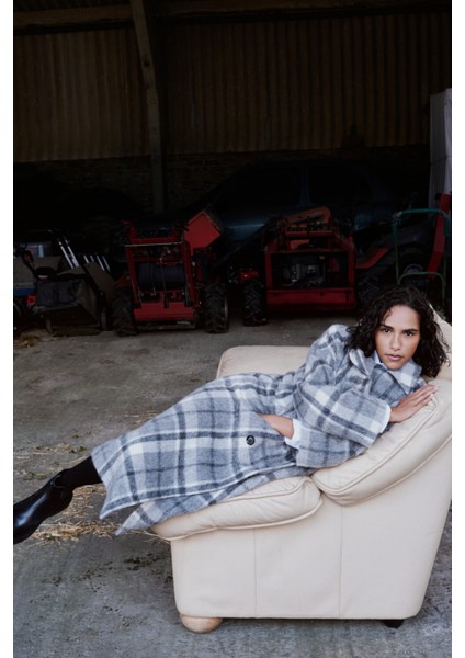 Beattie Double Breasted Wool Palto GY51 Soft Grey Check/onyx Tartan