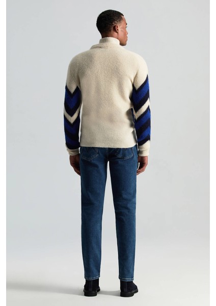 Alpaka Yün Kaşmir Karışım Zigzag Desen Bej Lacivert Düğmeli Hırka fırsatları