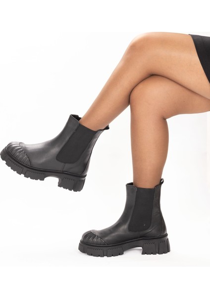 Hakiki Deri 6.5 cm Kalın Tabanlı Uzun Kadın Chelsea Bot