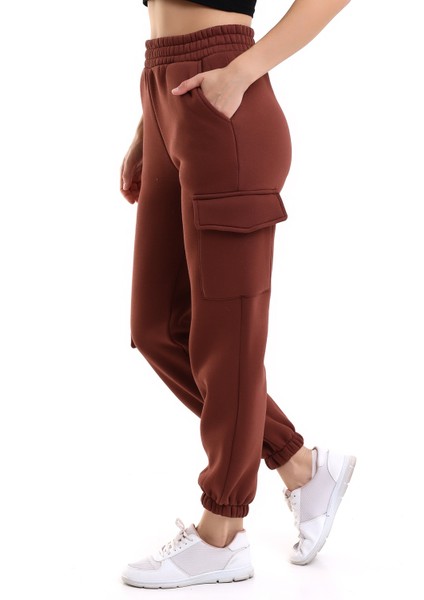 Yüksek Bel Eşofman Altı Jogger Kargo Cepli Unısex 3 Iplik Kahve Rengi fırsatları