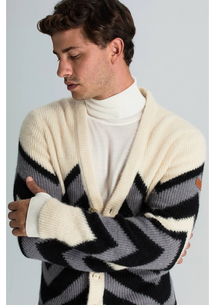 Alpaka Yün Kaşmir Karışım Zigzag Desen Bej Gri Düğmeli Hırka fırsatları