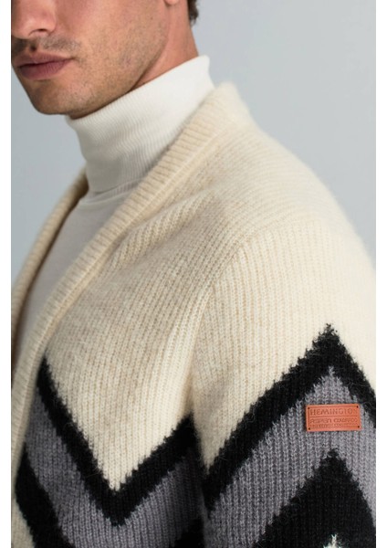 Alpaka Yün Kaşmir Karışım Zigzag Desen Bej Gri Düğmeli Hırka indirimleri