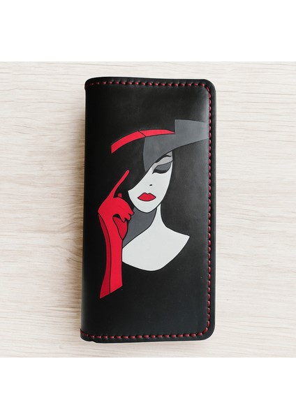 El Yapımı Hakiki Deri Kadın Figürlü Cüzdan -Ince Katlanabilir Model