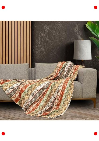 Boho Etnik Desenli Mikrofiber Koltuk Şalı ve Battaniye