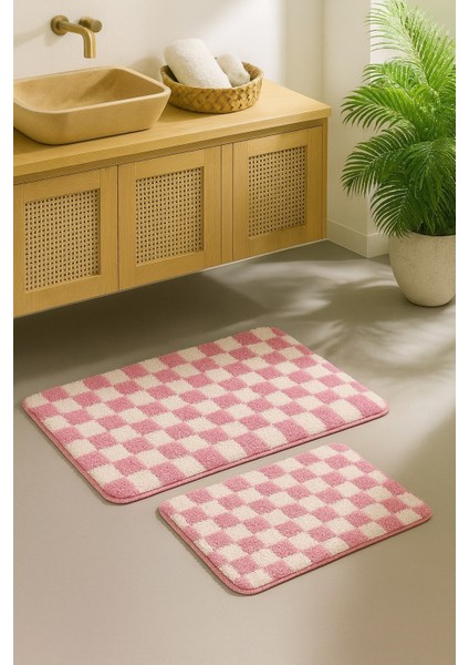 Chess Dama Desen 2'li Kemik-Pembe Yıkanabilir Lateks Kaymaz Taban Banyo Paspası Kaymaz Taban 60X100-60X50