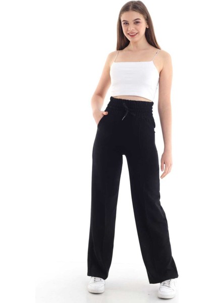 Kadın Siyah Geniş Kemer Bol Paça Eşofman Altı