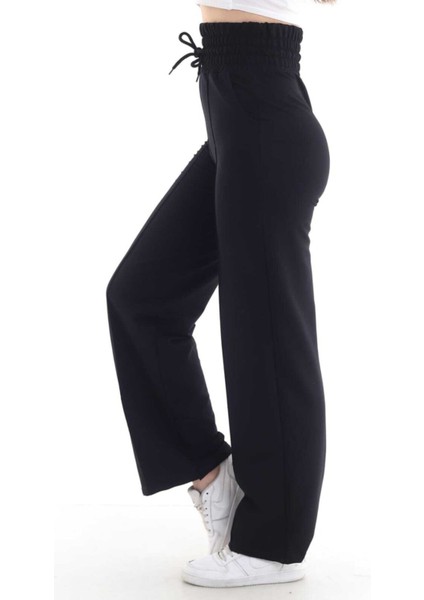 Kadın Siyah Geniş Kemer Bol Paça Eşofman Altı