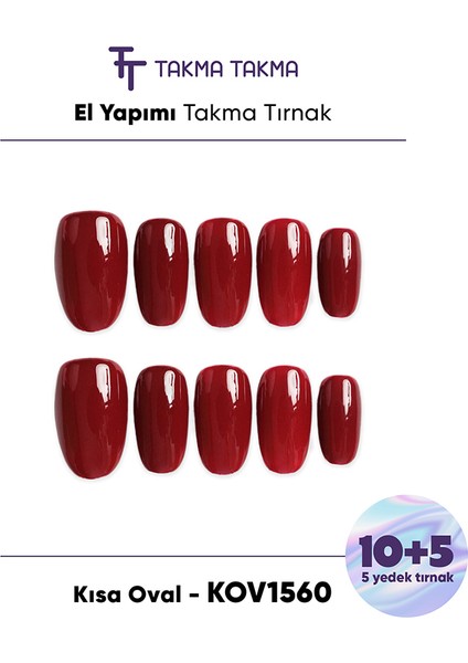 15'li Kırmızı Kısa Oval KOV1560 Tekrar Kullanılabilir El Yapımı Protez Takma Tırnak - Bordo-L