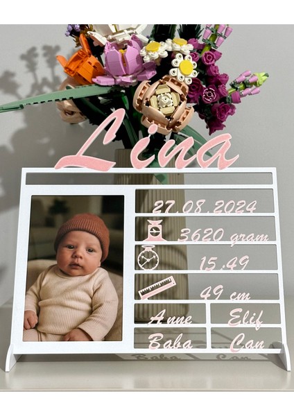 Kişiye Özel 3D Yenidoğan Bilgi Tablosu - Çift Renk (Beyaz & Bebek Pembe)